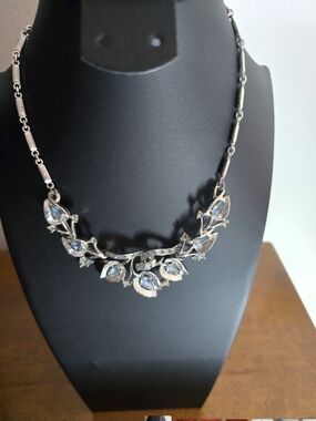 Silver Leaf Necklace with Light Blue Teardrop  Rhinestones